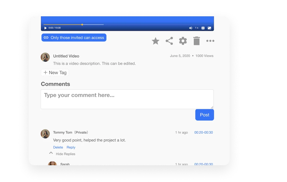 Teacher giving timestamped feedback on student videos in Visla Workspaces for education